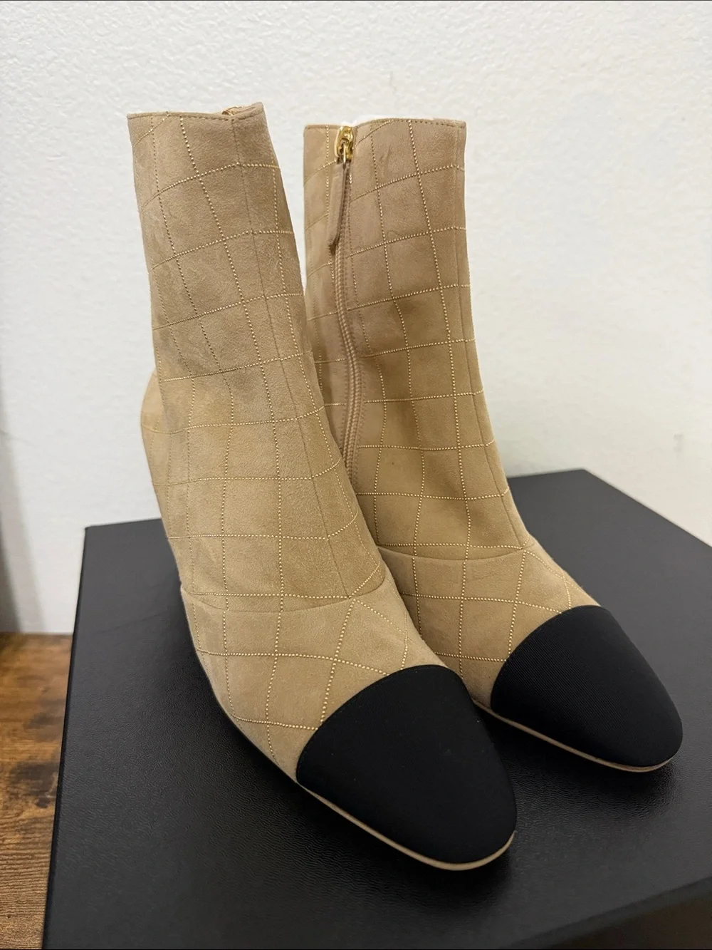 CHANEL Beige Quilted Ankle Boots with Black Cap Toe